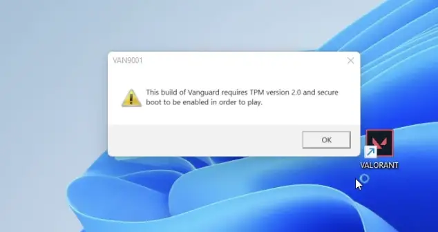 Для этой сборки Vanguard требуется TPM версии 2.0 и безопасная загрузка.